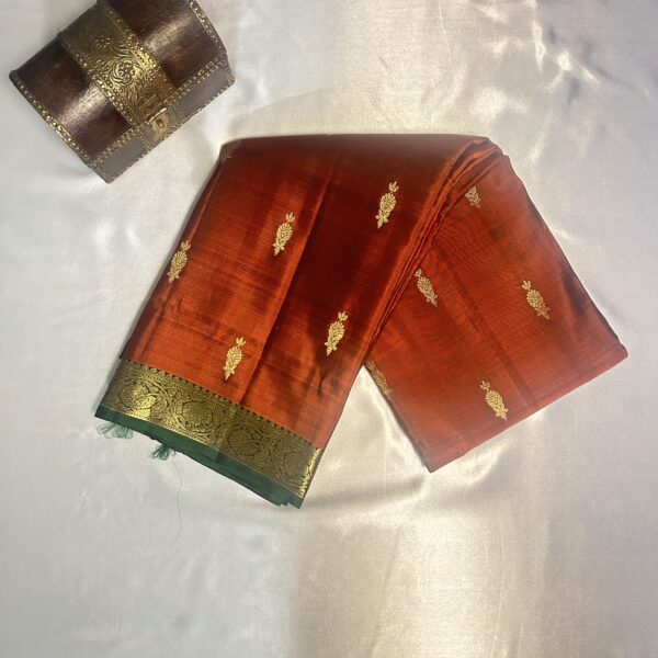 Rust Orange With Bottle Green Saree